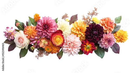 Arrangement of dahlias roses and other flowers on black on transparent background