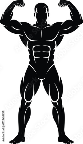 A black silhouette of a muscular man flexing his biceps on a white background full body image view