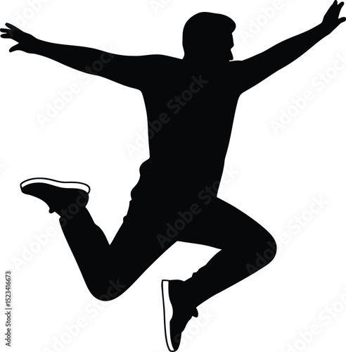 Silhouette of a person jumping with arms outstretched on a white background in a dynamic pose