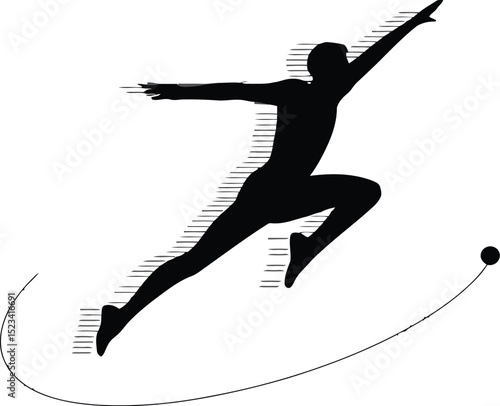A silhouette of a person leaping with arms outstretched and a curved line with a dot on the end