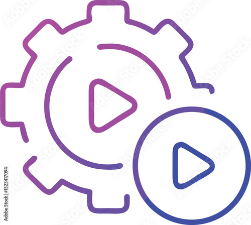 Abstract gear and play button icon in neon gradient design with transparency