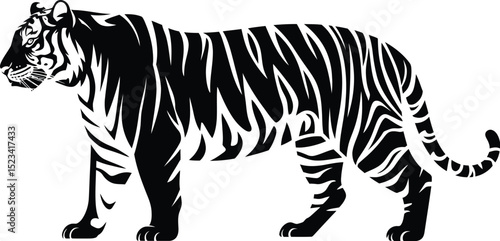 A black and white graphic illustration of a tiger standing on a white background in side profile