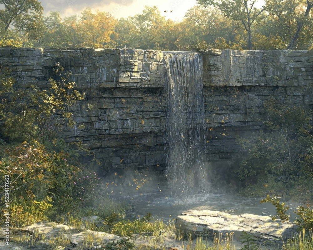 Fototapeta premium Autumn waterfall cascading over stone wall