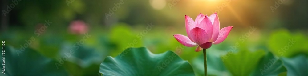 Fototapeta premium A single lotus flower in bloom, sunlight filtering through leaves, peaceful and serene, symbolizing hope and inner peace found through meditation , awakening, meditation, growth mindset