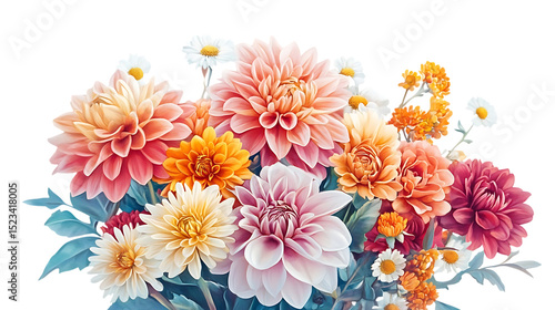 Arrangement of dahlias and daisies with vibrant colors on transparent background