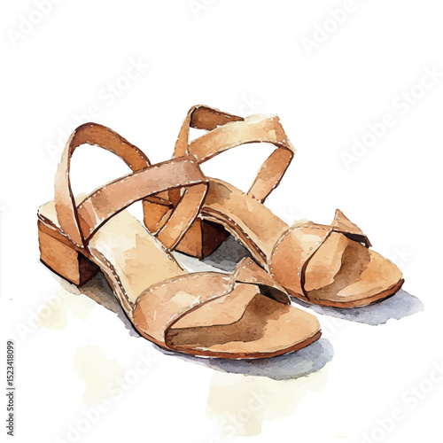 Slingback Sandals, watercolor painting vector, high quality, isolated on a white background.