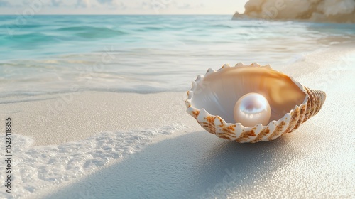 Goal of Life Mindset, Success, Calm and Goal symbol. A pearl nestled in a large seashell on a sandy beach by the ocean.