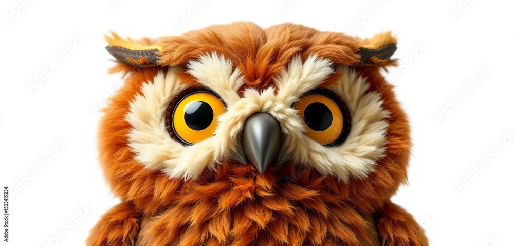Naklejka premium Adorable plush owl toy, soft brown feathers, big yellow eyes, isolated, object, plush toy
