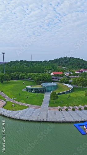 4K real time Aerial view of beautiful landscape in the suburbs with beautiful lake garden, Songjiang District, Shanghai.