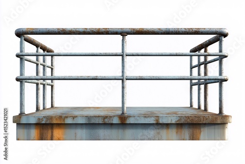 Rusty Metal Railing on Industrial Platform. Architectural Safety Feature with Weathered Urban Texture