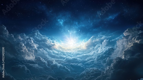 Goal of Life Mindset, Success, Calm and Goal symbol. Vibrant clouds illuminated by a bright light against a deep blue sky, creating a stunning celestial scene.