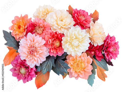 Assortment of colorful dahlia flowers with leaves isolated on transparent background