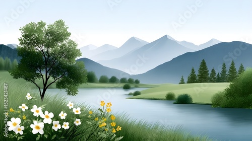 Peaceful landscape with mountains and a tranquil lake