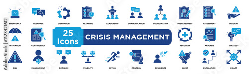 crisis management icon collection set. Containing emergency,response,disruption,planning,leadership,communication,coordination,preparedness,assessment,incident icon. solid icon vector.