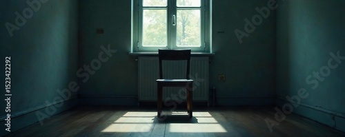 Close-up of a single, empty chair in a dimly lit room, conveying a feeling of profound isolation and solitude The scene is suggestive of loneliness and emotional emptiness , wistful, alone, solitude