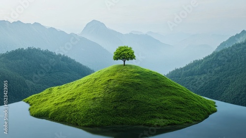 Goal of Life Mindset, Success, Calm and Goal symbol. Lone tree atop a grassy hill surrounded by serene waters and distant mountains.