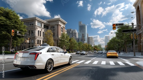 A white autonomous car drives on city street with crosswalk under bright cloudy blue sky in summer day.