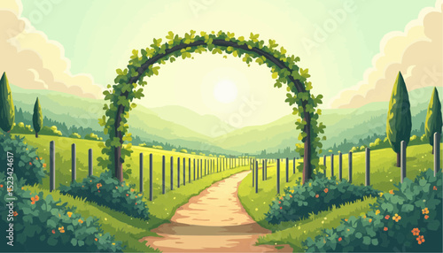 Vineyard Landscape with Trellis Archway and Winding Path