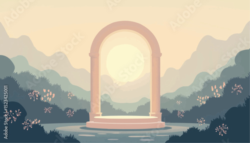 Archway Landscape with Mountain View and Water