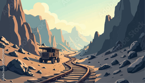 Mine cart on track through desert mountains