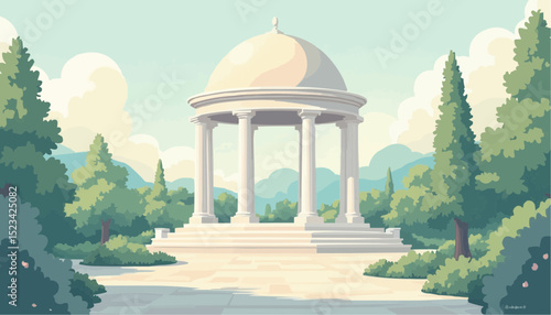 Gazebo in Garden Landscape Cartoon