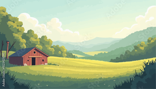 Barn in Field Cartoon Landscape