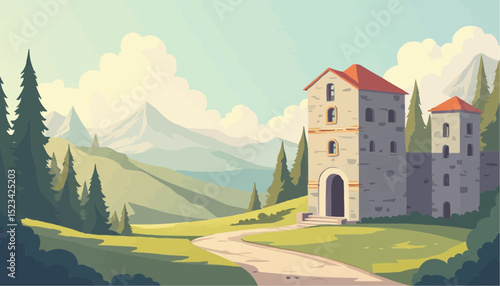 Castle on Hill with Mountains Landscape