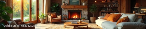 Cozy and inviting living room interior, featuring a fireplace, comfortable furniture, and natural light streaming through large windows Perfect for relaxation and family time , cozy, room