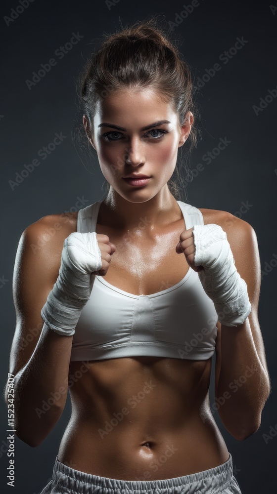 Fototapeta premium A woman is wearing a black tank top and boxing gloves