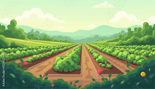 Cartoon Field Landscape with Plants and Flowers