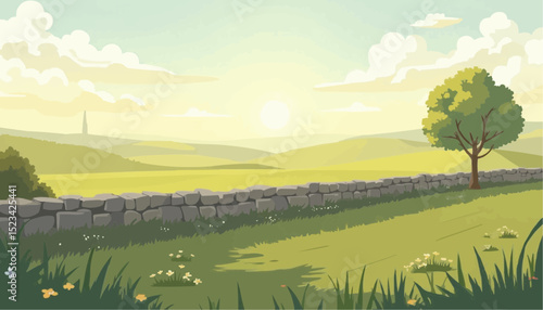 Green Fields and Stone Wall with Sunrise