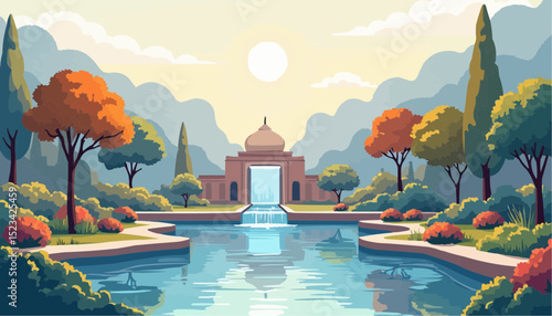 Garden with waterfall and pond