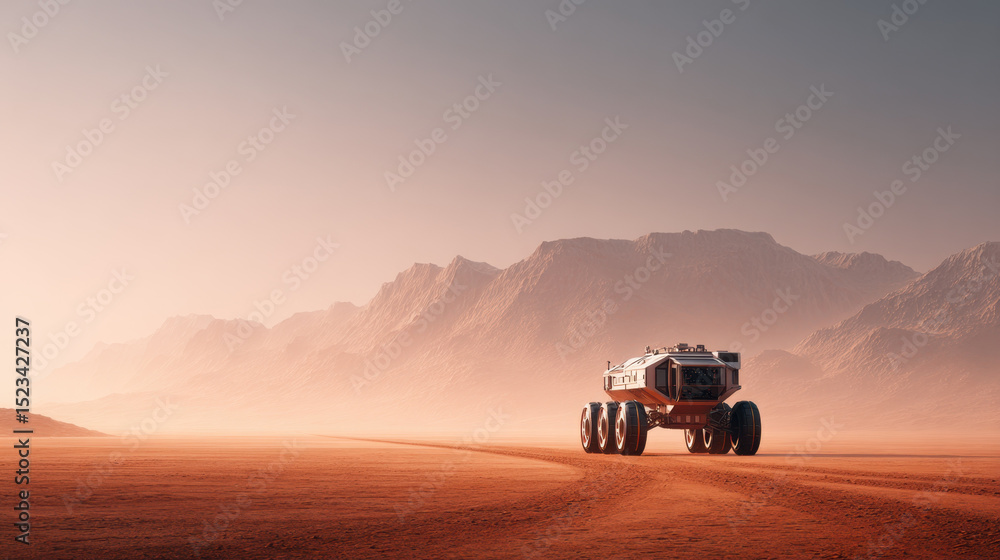 Fototapeta premium Mars rover exploring dusty red desert with distant rocky mountain under soft warm light