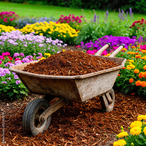 Wheelbarrow filled with mulch in colorful flower garden  