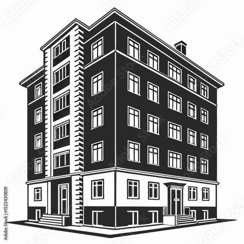 Black and white illustration of a multistory apartment building