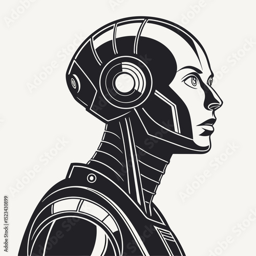 Futuristic robot woman profile black and white illustration