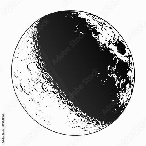 Half moon celestial body dark side light side cratered surface