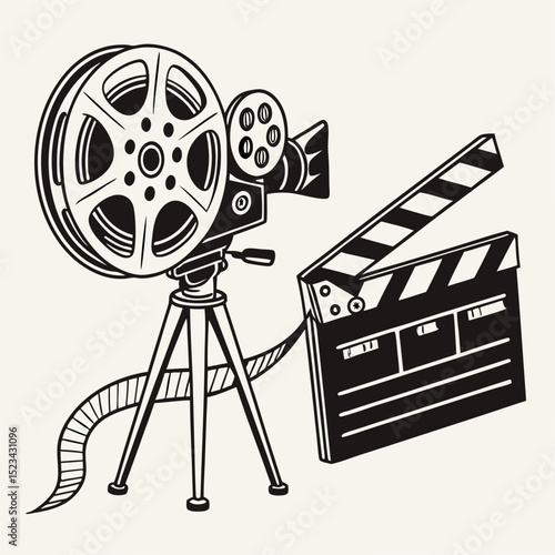 Vintage movie projector clapperboard film reel isolated on white background