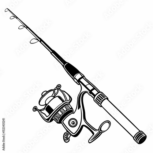 Fishing rod and reel line art black and white illustration