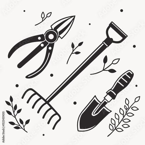 Gardening tools set illustration black and white design