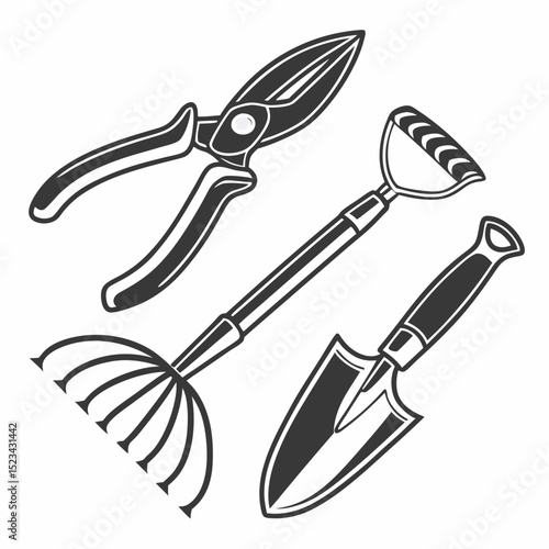 Gardening tools set rake shovel secateurs monochrome illustration