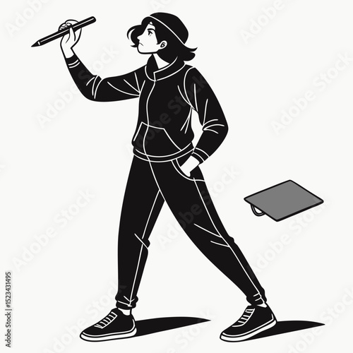 Young artist girl drawing with pencil stylish pose graphic design