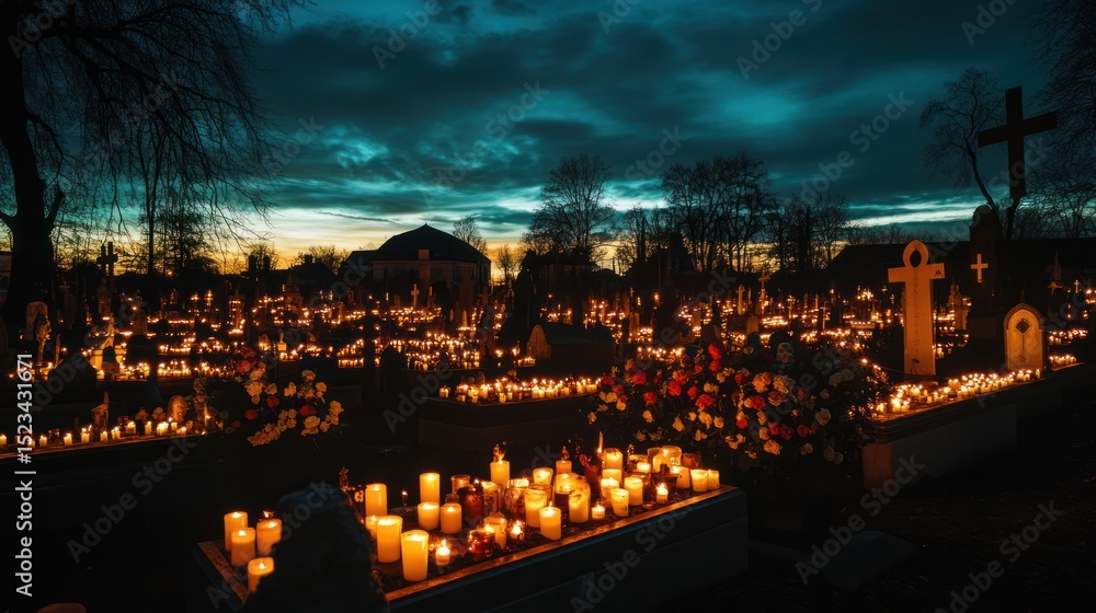 Cemetery at dusk adorned with flickering candlelight tribute for remembrance day Cemetery at dusk adorned with flickering candlelight tribute for remembrance day