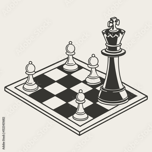 Chessboard isometric view queen pawns strategy game