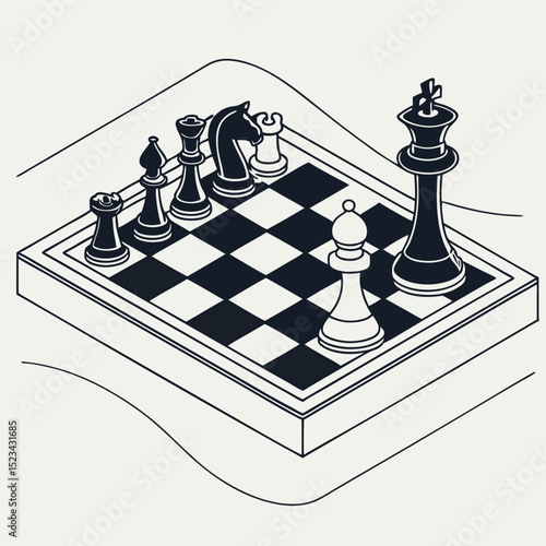 Isometric chessboard with black and white pieces game strategy