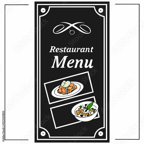 Elegant black restaurant menu template design with food illustrations
