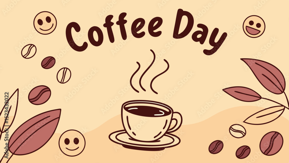Obraz premium Coffee Day Celebration Illustration Featuring Steaming Coffee Cup With Beans And Festive Ribbon Accents