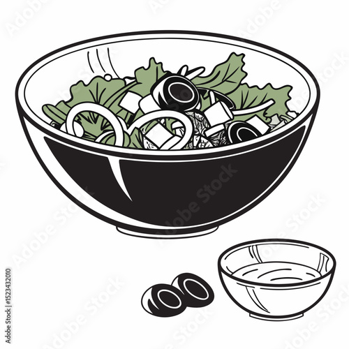 Fresh greek salad in bowl with dressing olives feta cheese