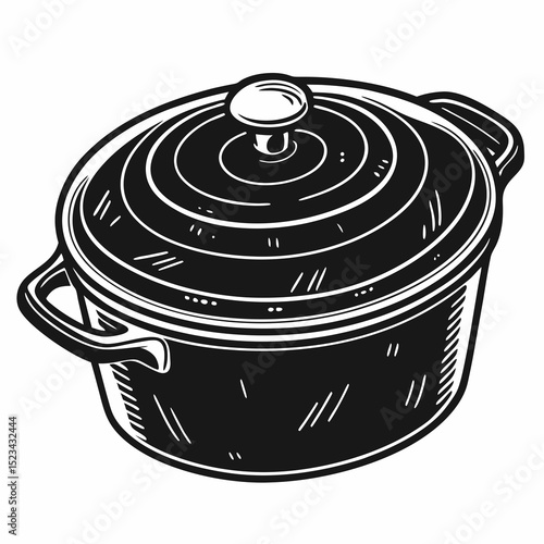 Black and white illustration of a vintage cast iron pot with lid