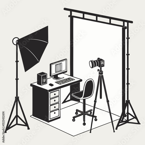 Professional photography studio setup computer desk camera lighting equipment